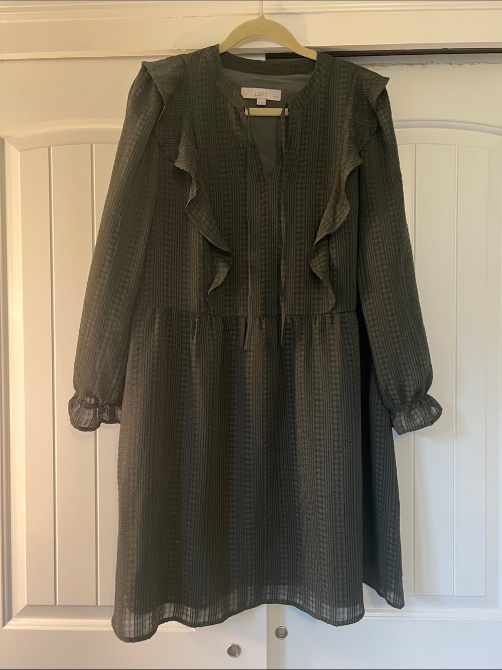 LOFT Olive Green Ruffle-Front Long Sleeve Tiered Dress